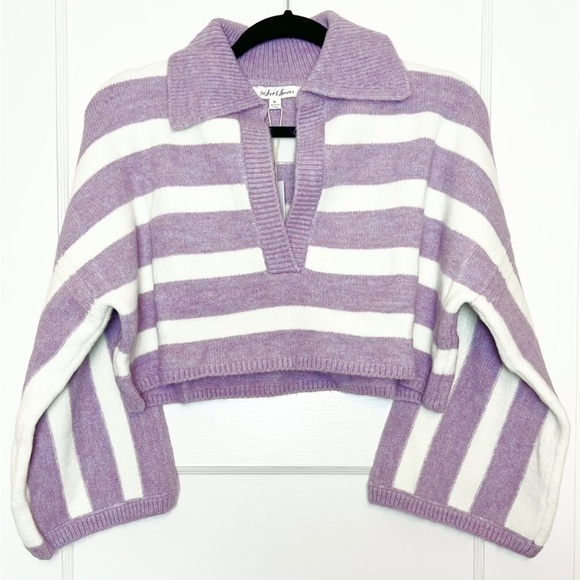 NWT LOVE LEMONS 90s Lavender Stripe V-Neck Oversized Soft Knit Cropped Sweater M - Picture 10 of 15